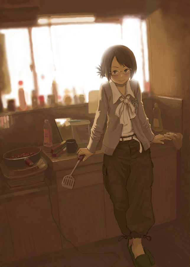 blush, brown_hair, frying_pan, glasses, ikagawa, kitchen, quzilax, short_hair