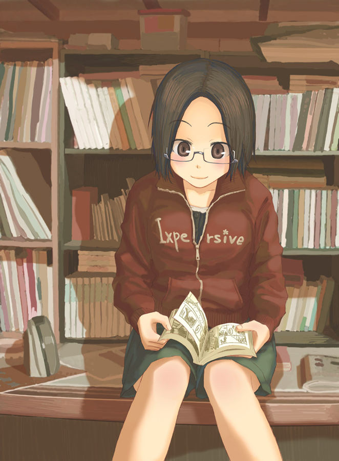 book, brown_hair, glasses, ikagawa, quzilax, reading, short_hair, sitting