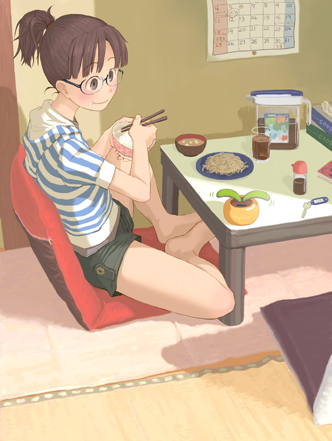 brown_hair, chopsticks, cup, drink, eating, food, glasses, hoodie