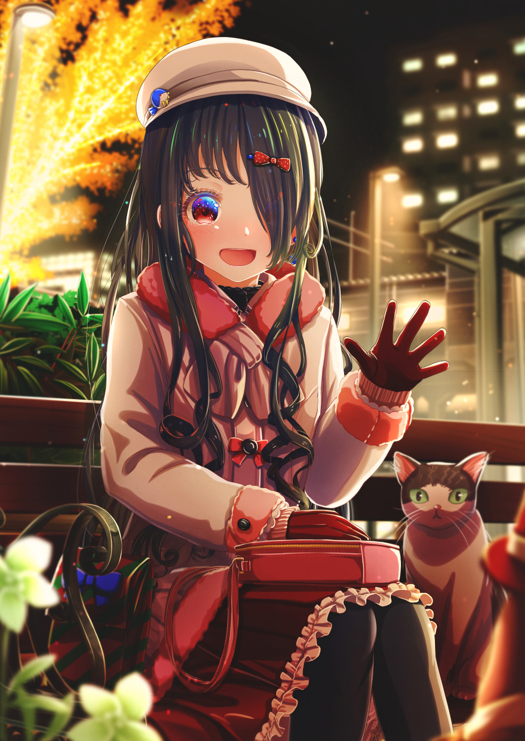 1girl, :d, abo_(kawatasyunnnosukesabu), animal, bag_on_lap, bangs, bench, bird_hair_ornament