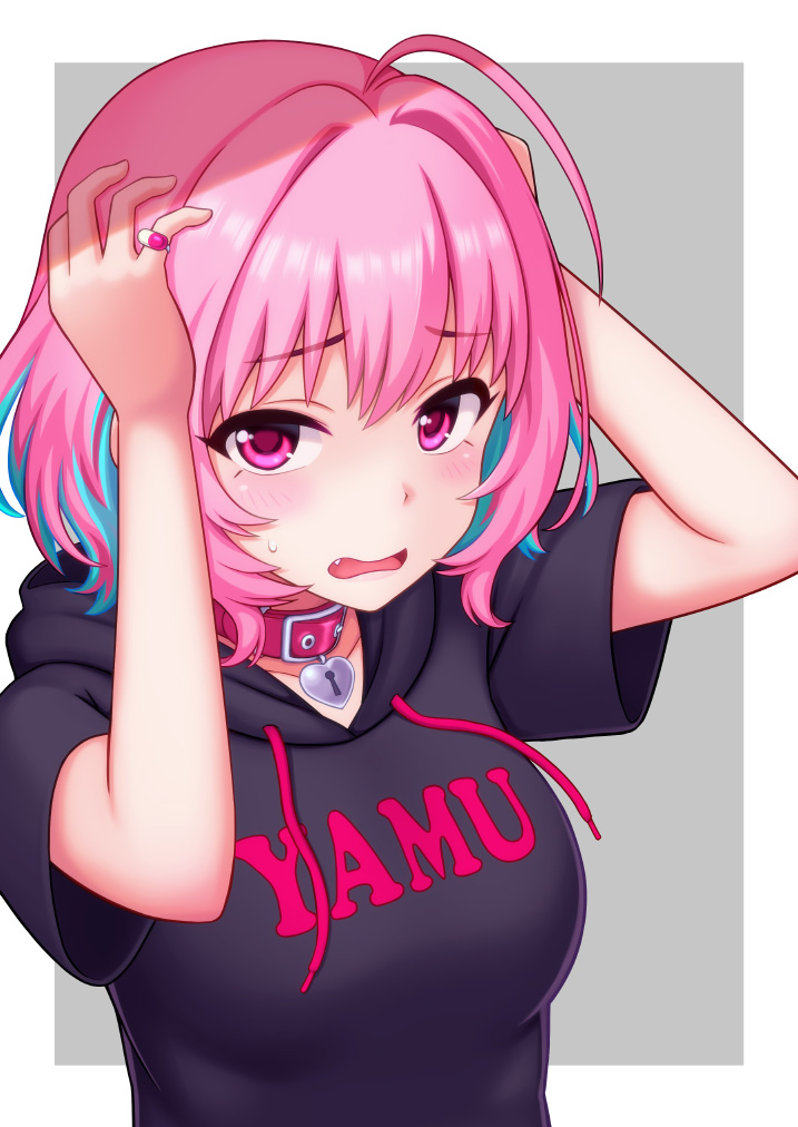 1girl, ahoge, arms_up, bangs, black_hoodie, blue_hair, blush, breasts