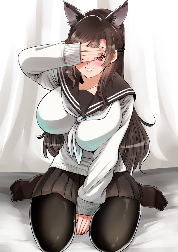1girl, alternate_costume, animal_ears, atago_(azur_lane), azur_lane, black_hair, blush, breasts