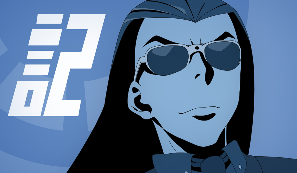 1boy, akatsuki_blitzkampf, black_hair, blue_background, death_parade, formal, hair_pulled_back, hair_slicked_back, long_hair, necktie, parody, sai_(akatsuki_blitzkampf), smile, smug, solo, suit, sunglasses, tiwangzha, very_long_hair