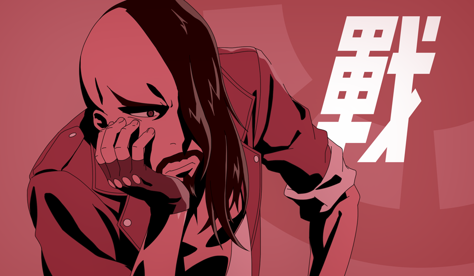 1boy, akatsuki_blitzkampf, black_hair, death_parade, facial_hair, goatee, hair_over_one_eye, hand_on_own_cheek, jacket, long_hair, mustache, parody, red_background, sleeves_rolled_up, solo, tiwangzha, undercut, wei_(akatsuki_blitzkampf)