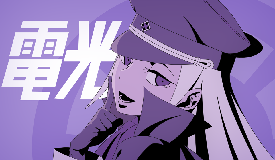 1girl, akatsuki_blitzkampf, cape, death_parade, gloves, hat, long_hair, looking_at_viewer, military, military_uniform, parody, peaked_cap, perfecti, purple_background, silver_hair, smile, smug, solo, tiwangzha, uniform, white_hair