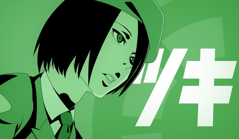 1girl, akatsuki_blitzkampf, beret, black_hair, death_parade, green_background, hair_over_one_eye, hat