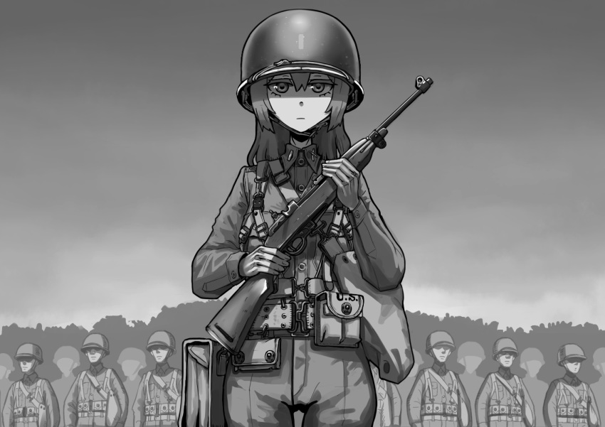 1girl, ammunition, battle_rifle, erica_(naze1940), gloves, gun, helmet, long_hair