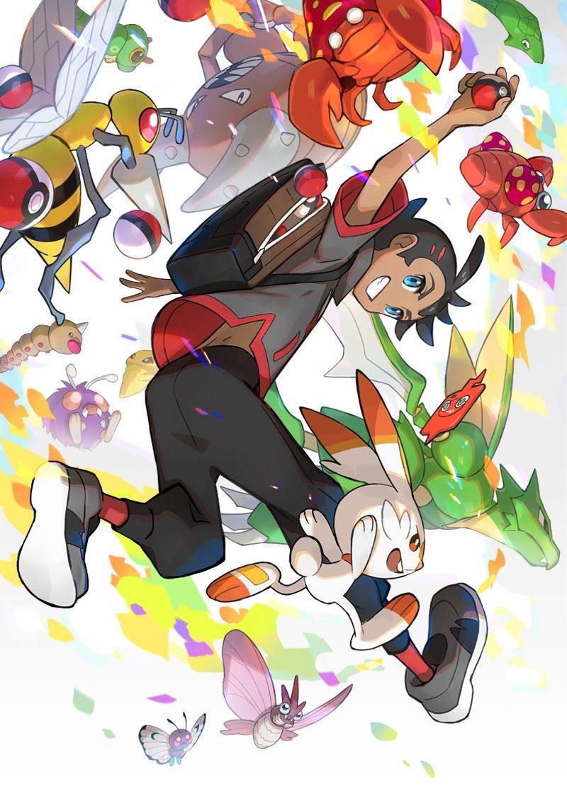 antennae, backpack, bag, beedrill, black_hair, black_pants, butterfree, caterpie