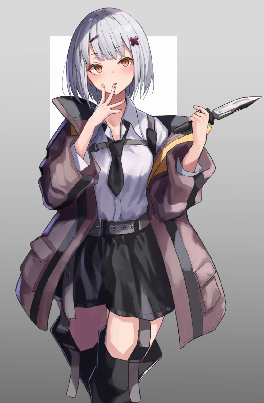 1girl, belt, black_neckwear, black_pants, blush, bow, bowtie, brown_eyes, coat, combat_knife, commentary, dress_shirt, eyebrows_visible_through_hair, grey_background, grey_belt, grey_coat, hair_ornament, hairclip, hand_to_own_mouth, highres, holding, holding_knife, knife, knoy3356, leg_cutout, long_sleeves, looking_at_viewer, off_shoulder, open_clothes, open_coat, original, pants, parted_lips, shirt, short_hair, silver_hair, solo, standing, symbol_commentary, weapon, white_shirt, wing_collar