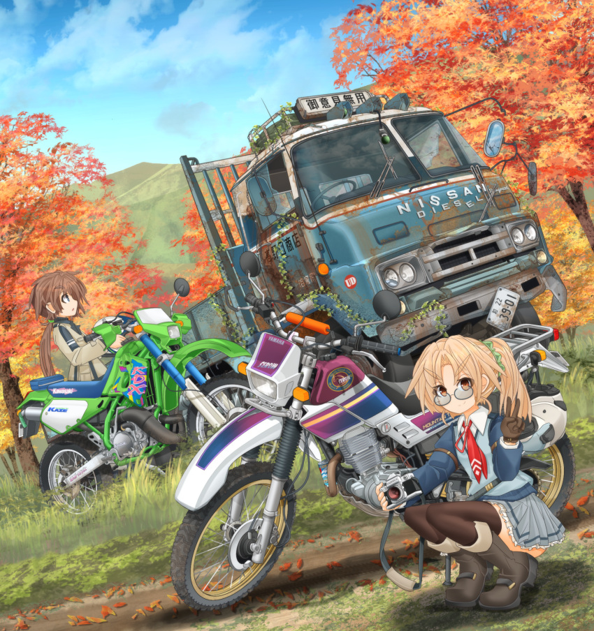 2girls, autumn_leaves, black-framed_eyewear, black_footwear, black_gloves, black_legwear, blonde_hair, blue_shirt