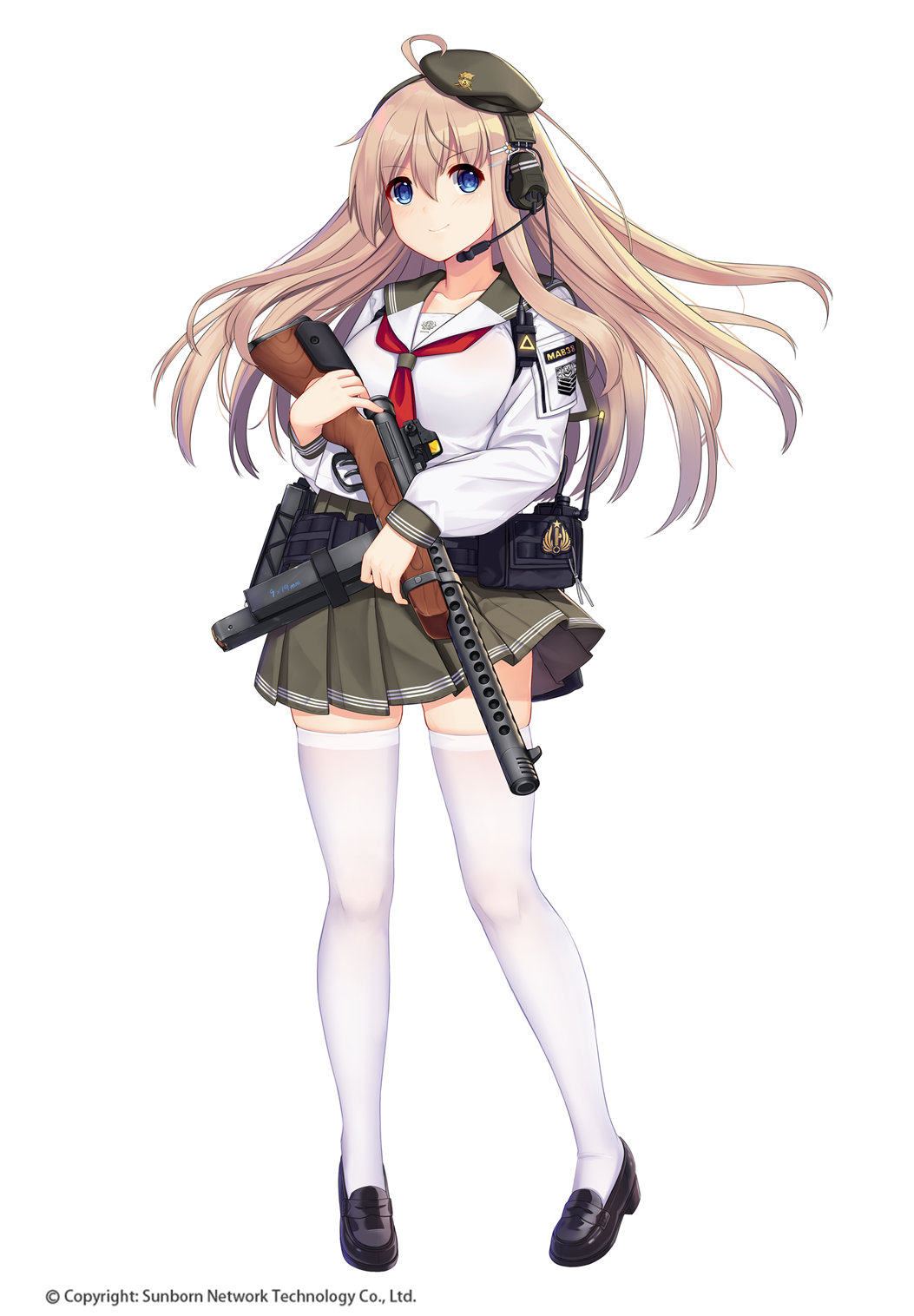 1girl, ahoge, allenes, bangs, beret, beretta_model_38, beretta_model_38_(girls_frontline), black_footwear