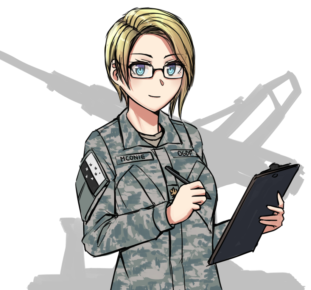 1girl, ace_combat, ace_combat_7, bangs, black-framed_eyewear, blonde_hair, blue_eyes, camouflage_jacket