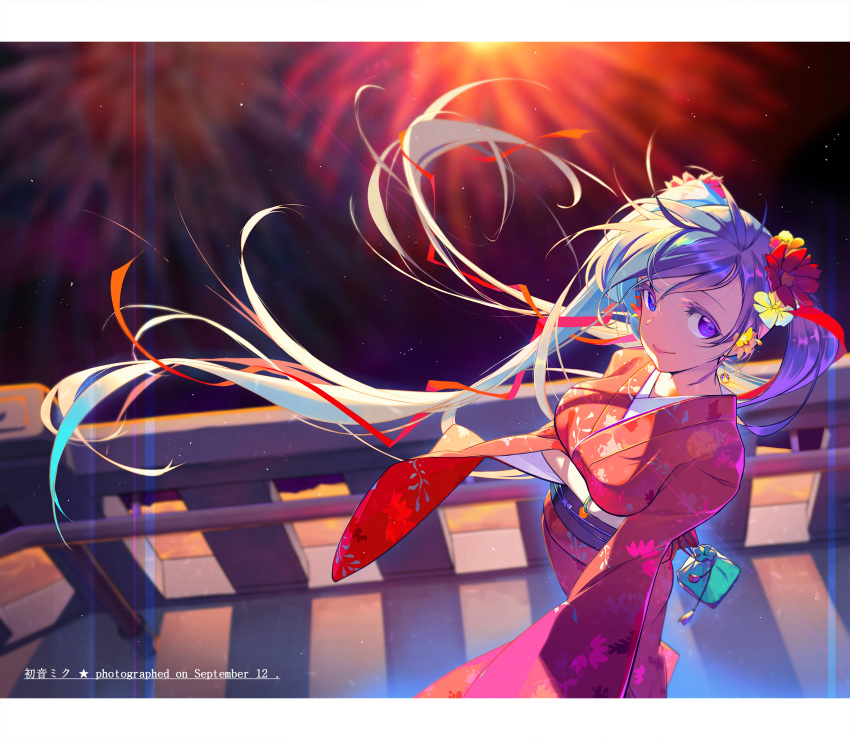 1girl, aqua_eyes, aqua_hair, fireworks, floral_print, flower, graphite_(medium), hair_flower