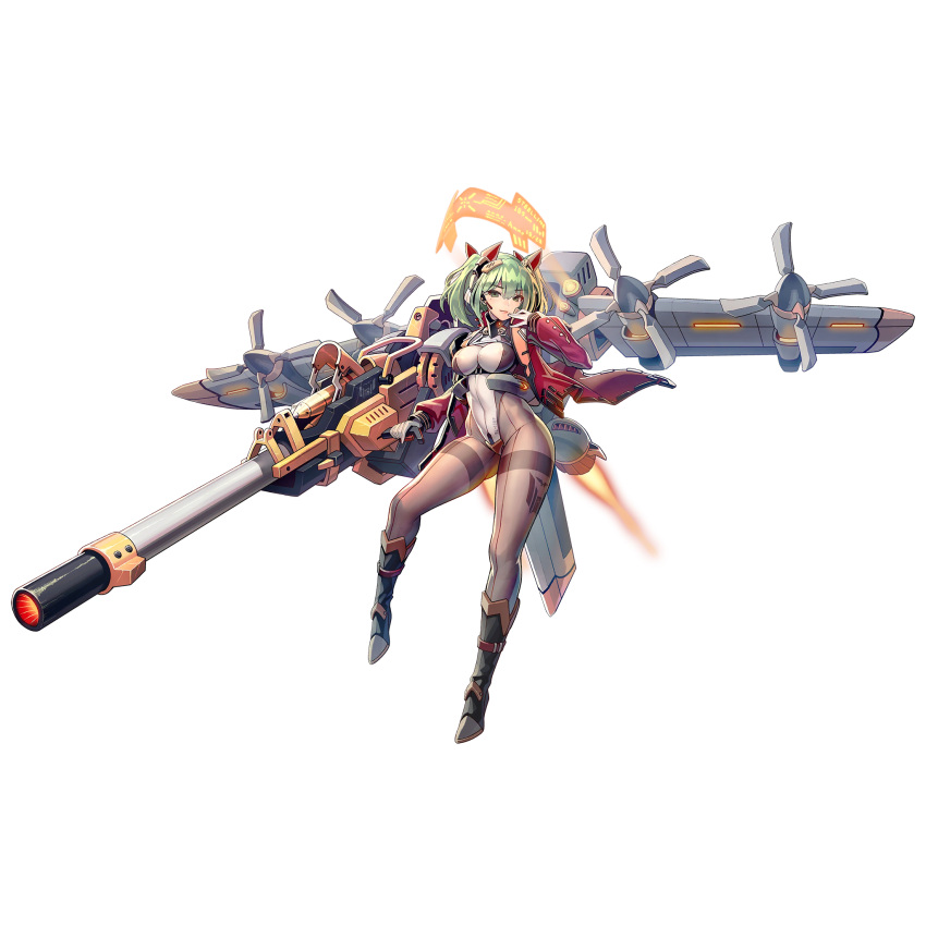 1girl, bodysuit, breasts, full_body, gloves, green_eyes, green_hair, gs-130_phoenix, headset, highres, huge_weapon, last_origin, looking_at_viewer, medium_breasts, smile, solo, tachi-e, transparent_background, twintails, weapon, white_gloves, zizim