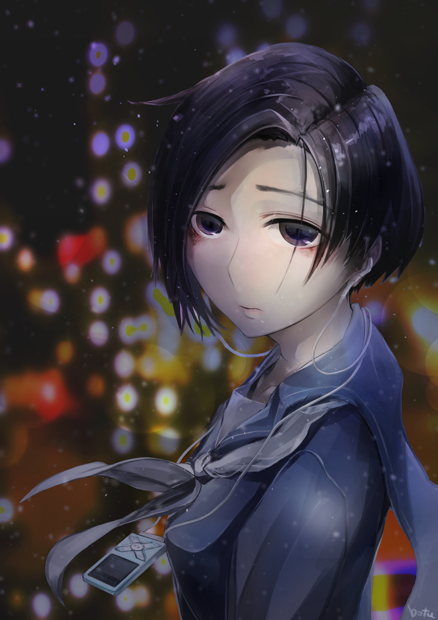 1girl, asymmetrical_hair, black_hair, blood, blood_on_face, bloody_tears, blue_shirt, blurry