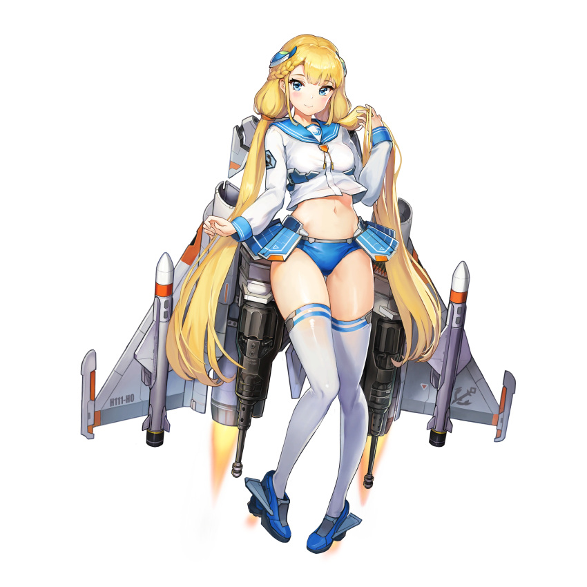 1girl, bangs, blonde_hair, blue_eyes, blush, breasts, full_body, highres, last_origin, long_hair, looking_at_viewer, midriff, navel, official_art, p-3m_undine, paintale, sailor_collar, smile, solo, tachi-e, thigh-highs, transparent_background, twintails, very_long_hair, white_legwear