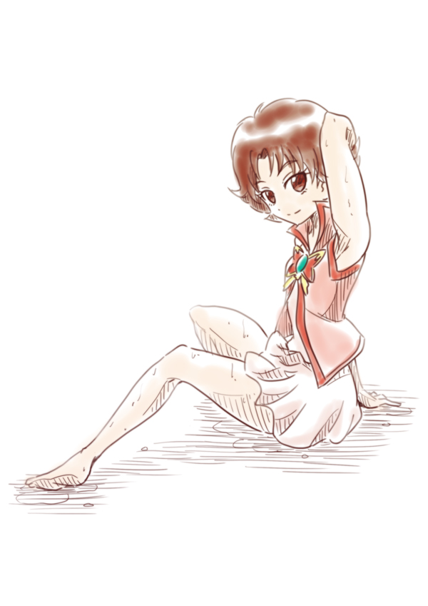 1girl, adapted_costume, armpits, barefoot, brown_eyes, brown_hair, closed_mouth, cosplay