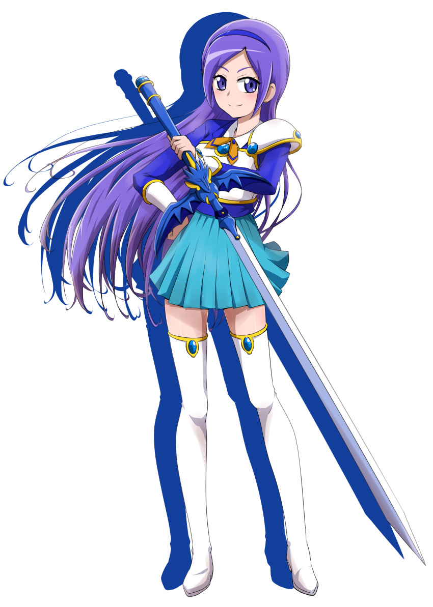 1girl, absurdres, aono_miki, bangs, blue_eyes, blue_hairband, blue_shirt, blue_skirt