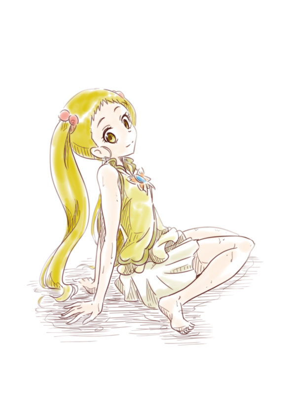 1girl, adapted_costume, arm_support, barefoot, blonde_hair, closed_mouth, cosplay, cure_lemonade