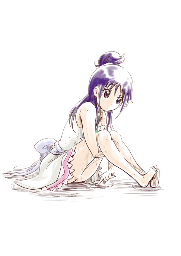 1girl, adapted_costume, back_bow, bow, closed_mouth, cosplay, cure_egret, cure_egret_(cosplay), dress, from_side, full_body, futari_wa_precure_splash_star, grey_background, grey_bow, index_finger_raised, long_hair, mishou_mai, niita, one_side_up, precure, purple_hair, shiny, shiny_hair, short_dress, simple_background, sitting, sleeveless, sleeveless_dress, solo, violet_eyes, white_background, white_dress