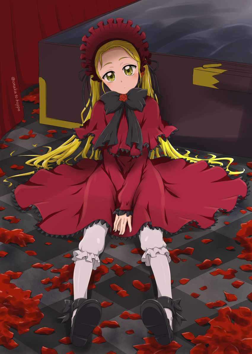 1girl, absurdres, between_legs, black_footwear, black_neckwear, black_ribbon, blonde_hair, blush
