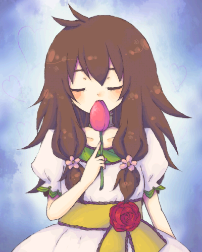 bad_id, blush, brown_hair, closed_eyes, dress, flower, long_hair, lowres