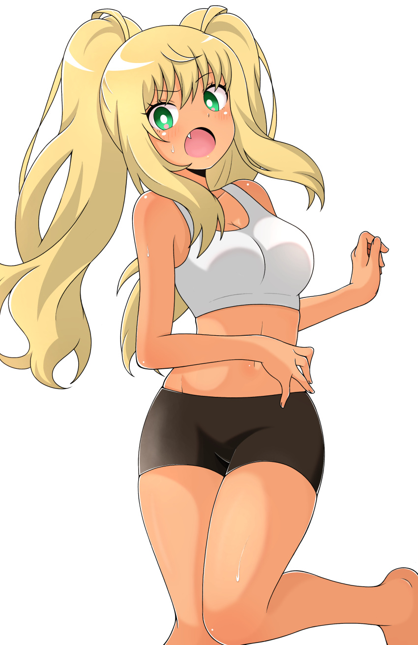 absurdres, barefoot, bike_shorts, blonde_hair, breasts, commentary_request, dark_skin, dumbbell_nan_kilo_moteru?