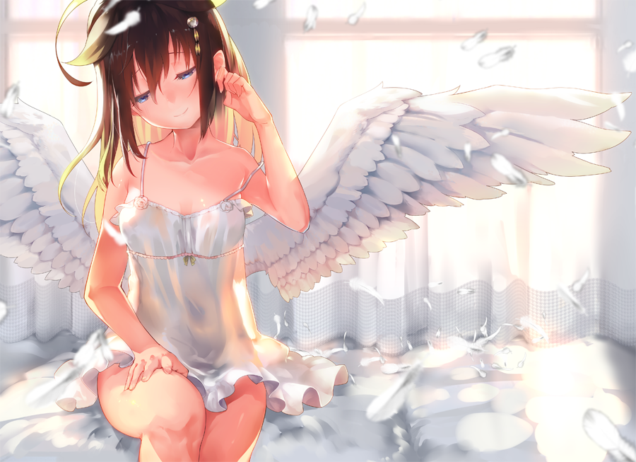 1girl, ahoge, alternate_costume, angel_wings, backlighting, bangs, bare_arms, bare_shoulders, bed_sheet, blonde_hair, blue_eyes, blush, breasts, brown_hair, chig, closed_mouth, collarbone, dress, feathered_wings, feathers, hair_flaps, hair_ornament, half-closed_eyes, hand_on_own_thigh, hand_up, kantai_collection, looking_away, looking_down, multicolored_hair, remodel_(kantai_collection), shigure_(kantai_collection), sitting, sleeveless, sleeveless_dress, small_breasts, smile, solo, strap_slip, two-tone_hair, white_dress, white_wings, window, wings
