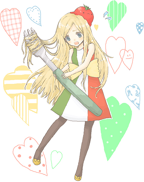 :3, blonde_hair, blue_eyes, dress, food_themed_clothes, fork, hair_as_food, italy