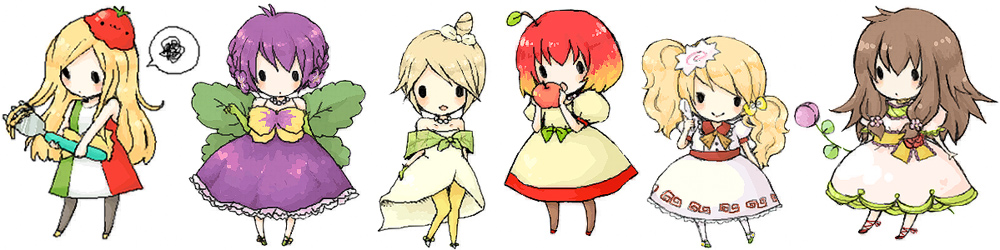 calla-chan, chibi, everyone, food_themed_clothes, hair_as_food, original, pansy-chan, pasta-chan