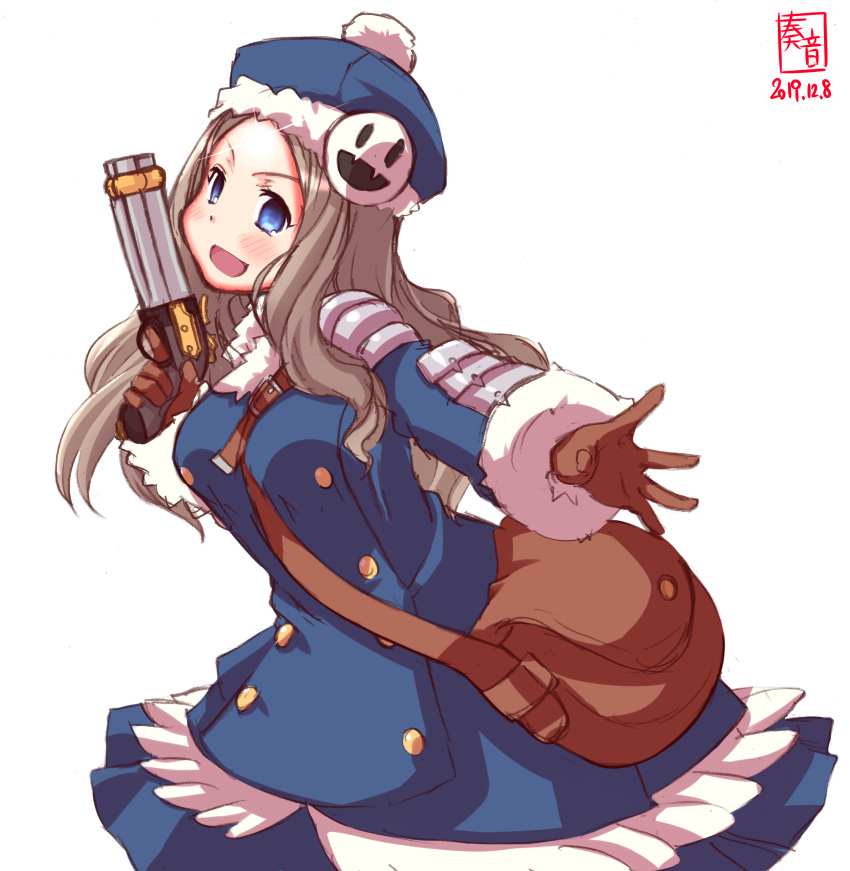 1girl, absurdres, artist_logo, asakaze_(kantai_collection), bag, bangs, beret, blue_dress