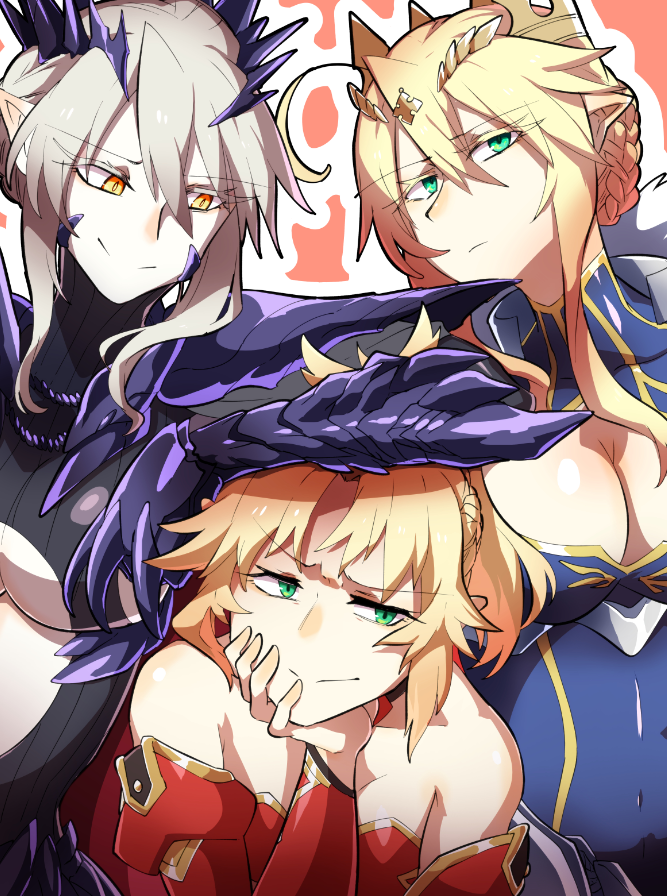 3girls, artoria_pendragon_(all), artoria_pendragon_(lancer), artoria_pendragon_(lancer_alter), bangs, blue_leotard, braid, breasts