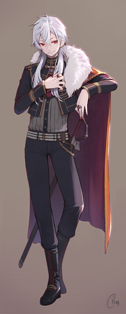 1boy, bangs, black_footwear, black_jacket, black_pants, boots, cape, closed_mouth