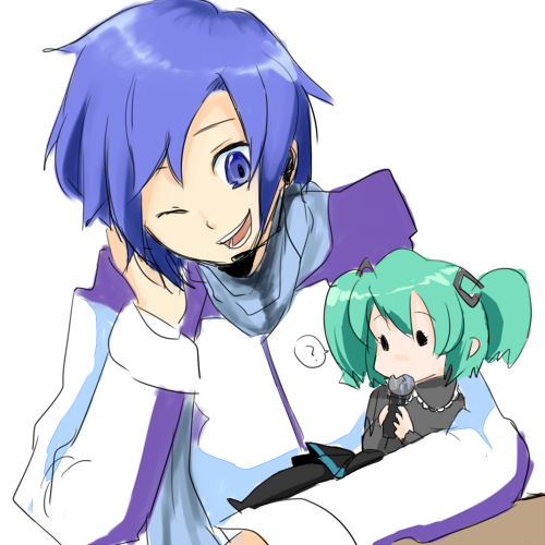 bad_id, chibi, child, hatsune_miku, kaito, kanenari, lowres, microphone
