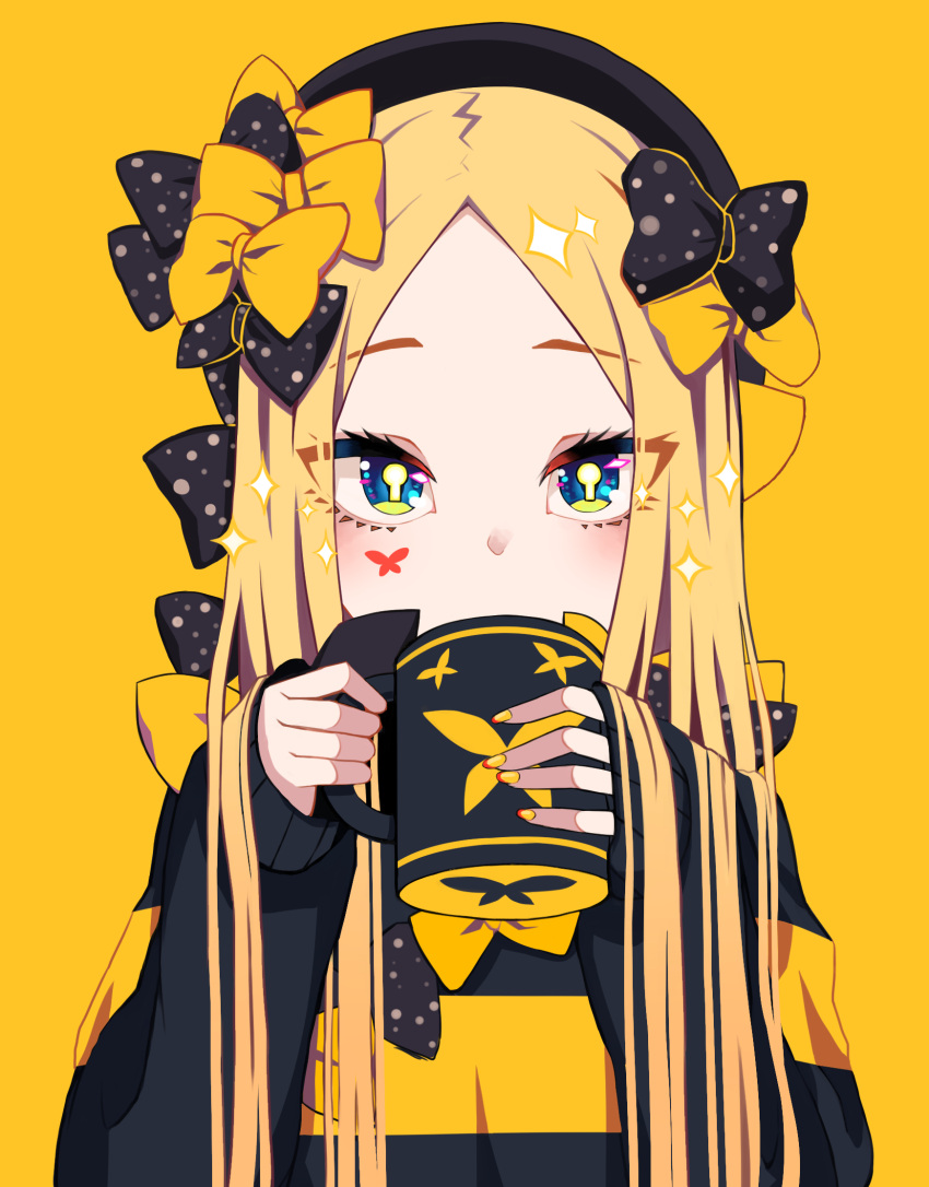 1girl, abigail_williams_(fate/grand_order), bangs, black_bow, black_headwear, black_sweater, blonde_hair, blue_eyes