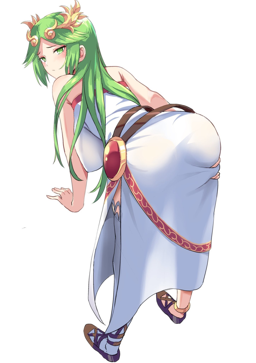 1girl, ass, breasts, dress, from_behind, green_eyes, green_hair, hanging_breasts, highres, kid_icarus, large_breasts, long_hair, looking_back, manno_(kanpi2100), palutena, see-through, side_slit, single_thighhigh, strapless, strapless_dress, thigh-highs, white_background