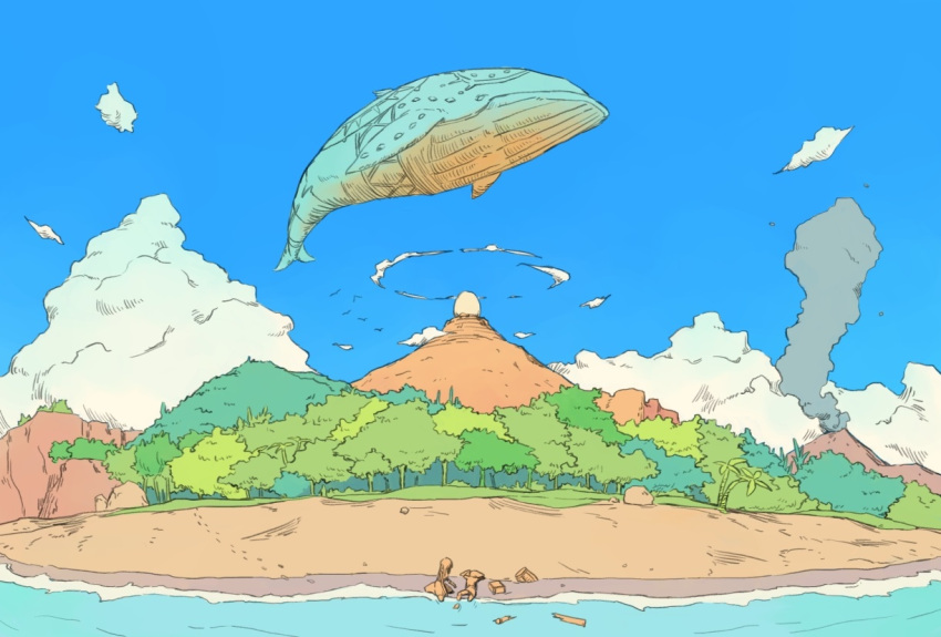 1boy, 1girl, beach, blue_sky, clouds, day, flat_color, flotsam, forest, hasegawa_(morebeer), island, link, marin_(the_legend_of_zelda), mountain, nature, ocean, outdoors, scenery, sky, the_legend_of_zelda, the_legend_of_zelda:_link's_awakening, wind_fish, windfish's_egg