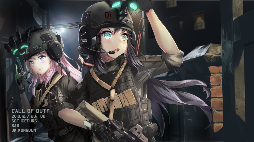 2girls, alternate_hair_color, battle_rifle, black_gloves, blue_eyes, call_of_duty, call_of_duty_4, commentary