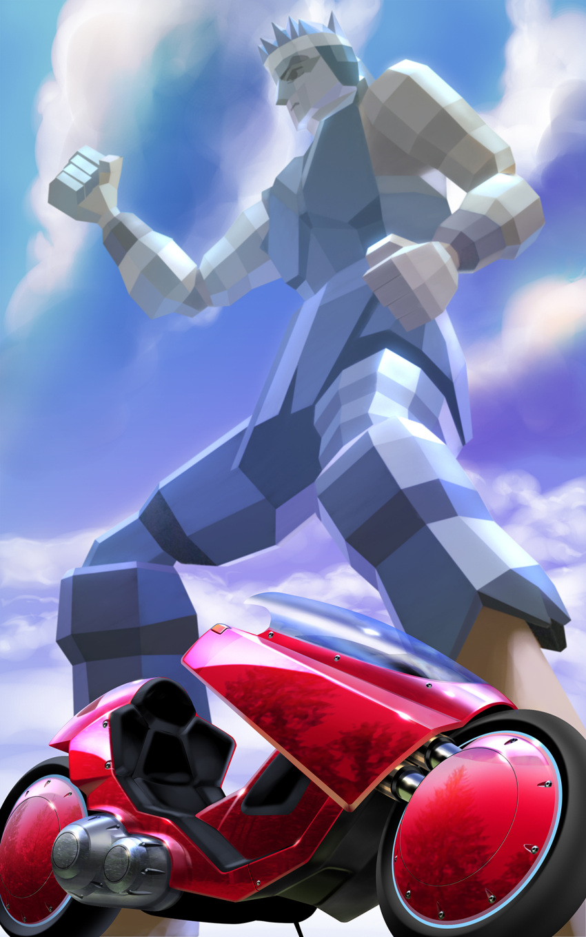 1boy, 90s, akira, barefoot, black_hair, clenched_hands, clouds, cloudy_sky