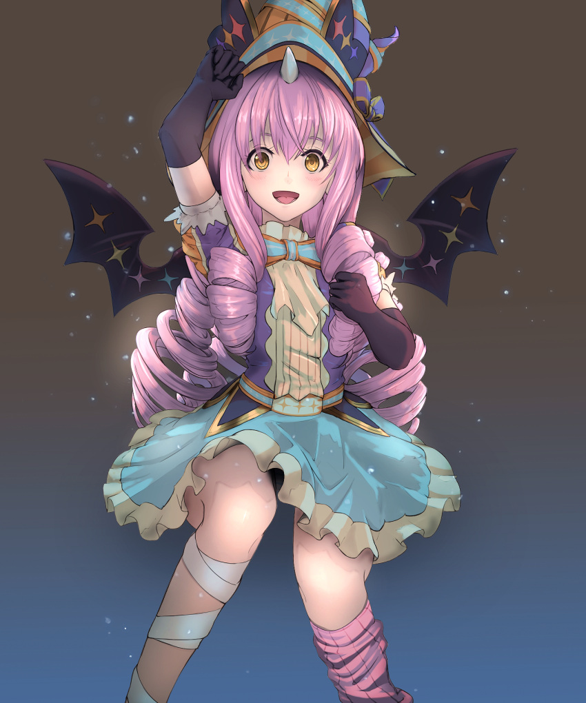 1girl, arm_up, bangs, black_gloves, blue_skirt, blush, bow, brown_eyes