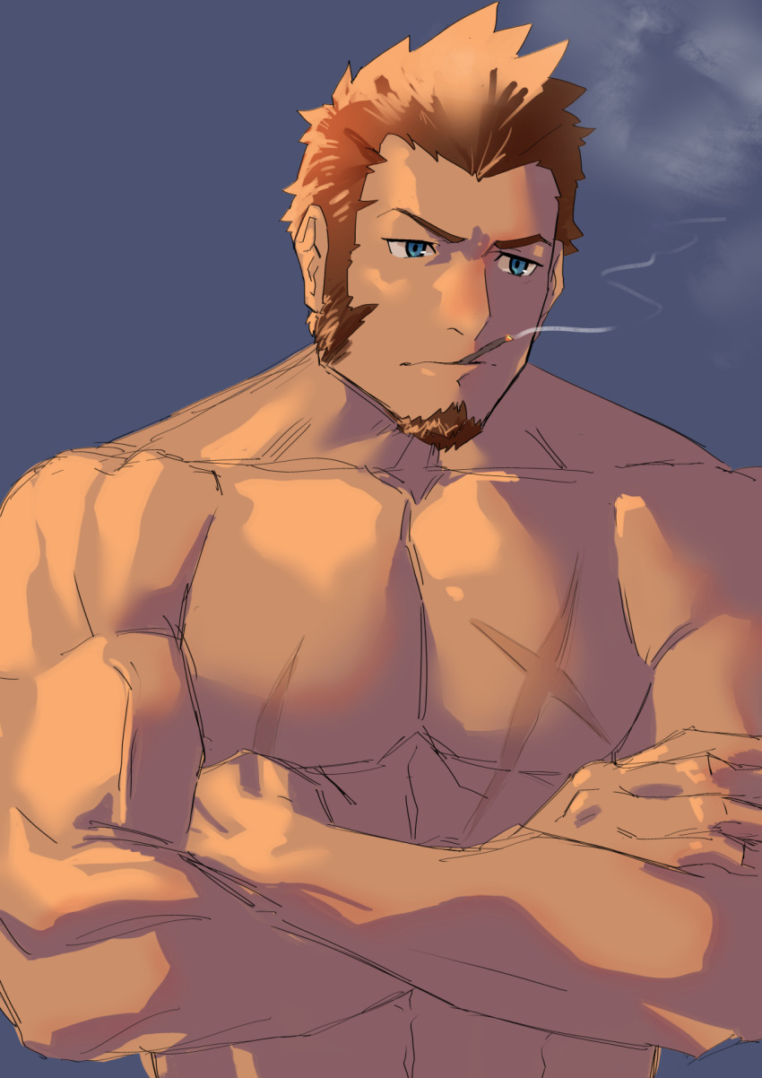 1boy, bara, beard, biceps, blue_eyes, brown_hair, chest, crossed_arms