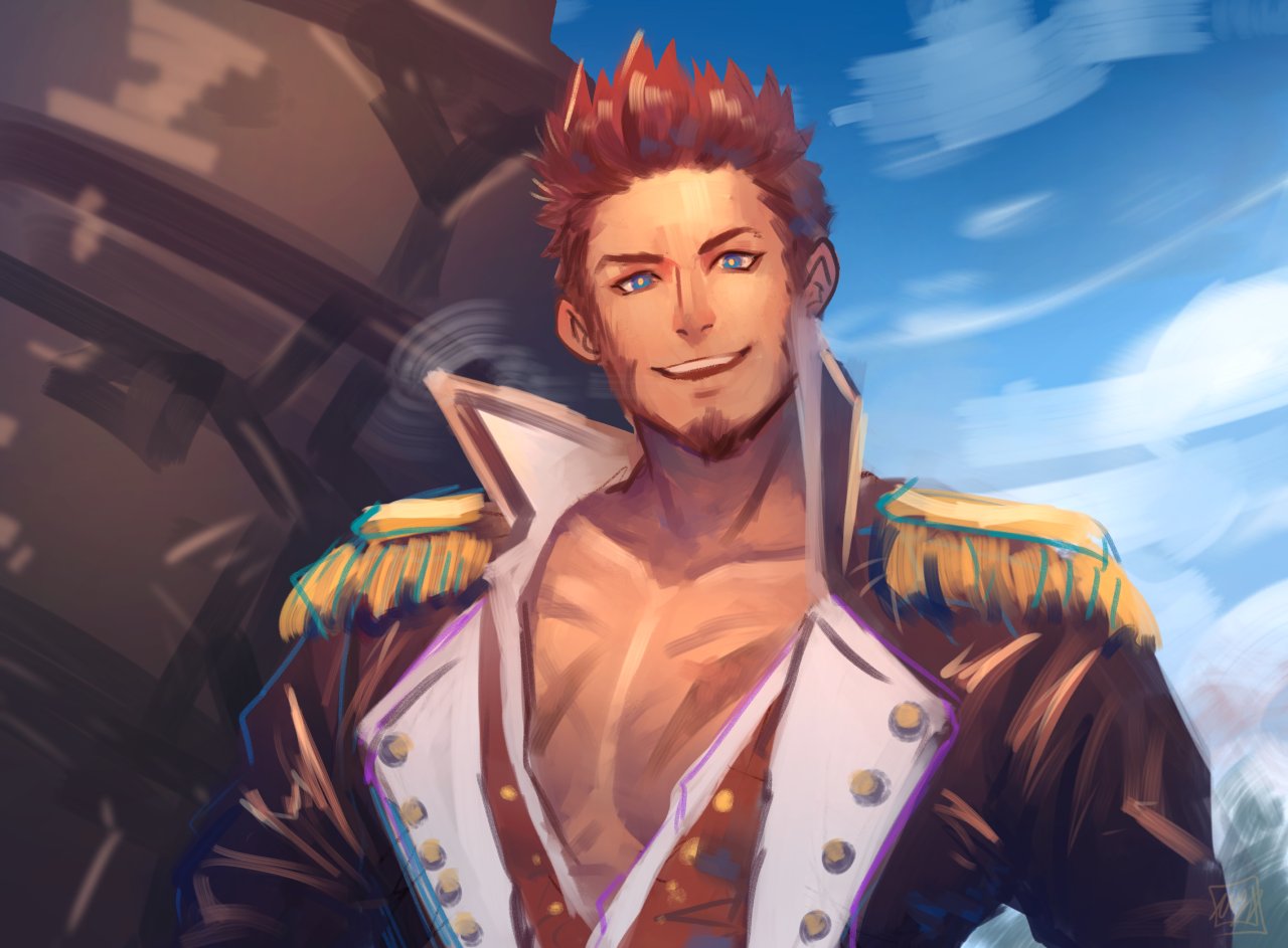 1boy, beard, blue_eyes, brown_hair, chest, epaulettes, facial_hair, fate/grand_order