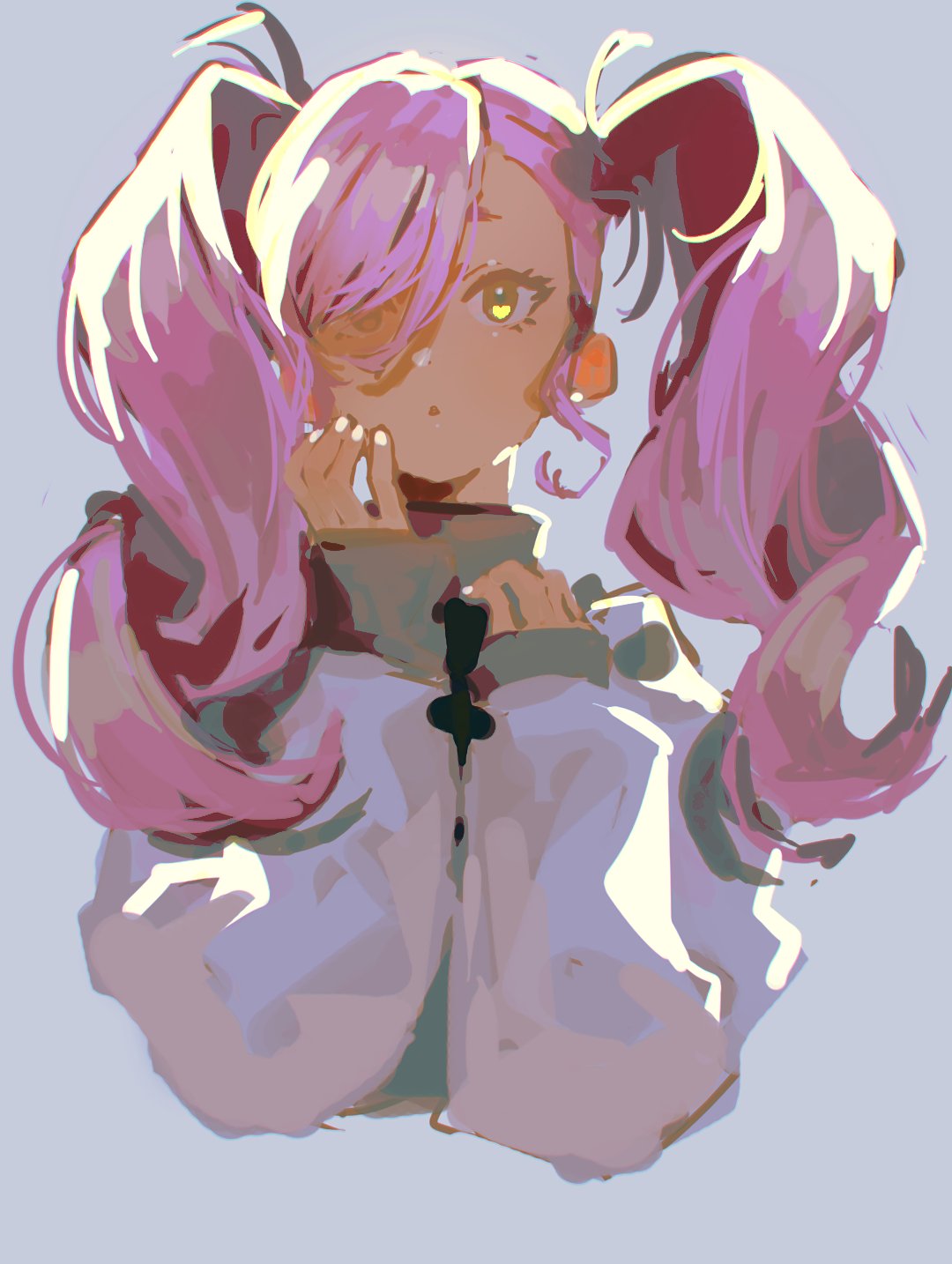 1girl, bangs, blue_background, earrings, highres, jewelry, long_hair, looking_up