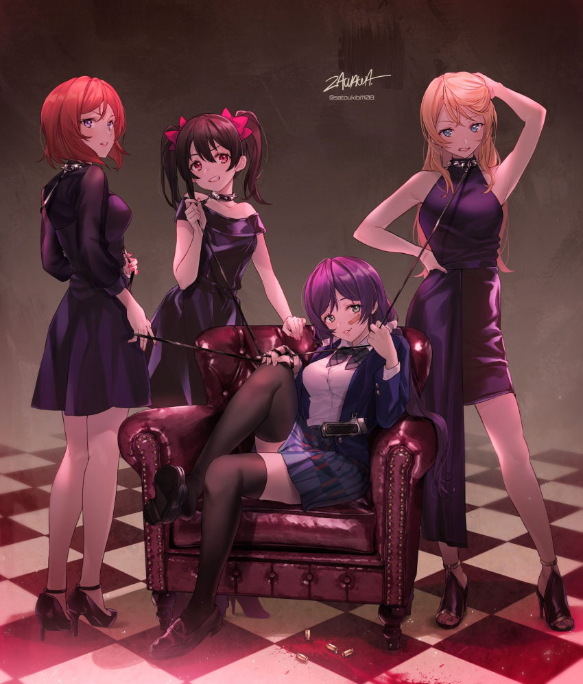 4girls, ahoge, arm_up, armpits, ayase_eli, bibi_(love_live!), black_collar, black_dress, black_hair, black_legwear, blonde_hair, blue_eyes, boots, collar, dress, full_body, green_eyes, gun, hands_on_own_head, high_heel_boots, high_heels, highres, long_hair, looking_at_viewer, love_live!, love_live!_school_idol_project, low_twintails, multiple_girls, nail_polish, nishikino_maki, otonokizaka_school_uniform, purple_hair, red_eyes, red_nails, redhead, school_uniform, shoes, sitting, smile, spiked_collar, spikes, teeth, toujou_nozomi, twintails, violet_eyes, weapon, yazawa_nico, zawawa_(satoukibi1108)