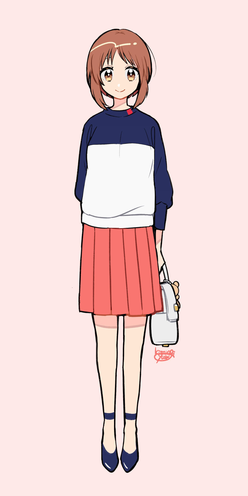 1girl, absurdres, arm_behind_back, arm_grab, artist_name, bag, bangs, blue_shirt