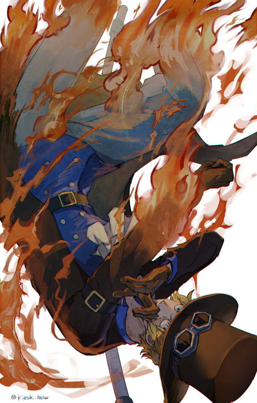 1boy, blonde_hair, cape, fingers, fire, formal, gloves, goggles