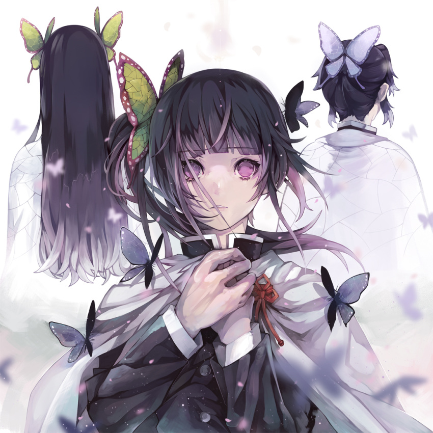 3girls, animal_print, back, bangs, black_hair, blunt_bangs, bug, butterfly
