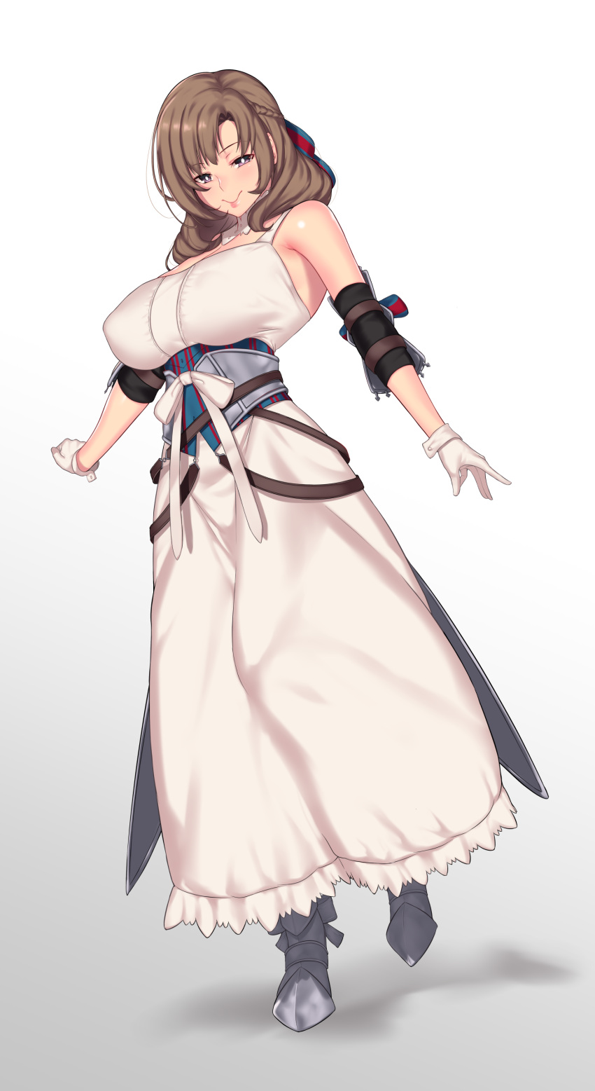 1girl, absurdres, armored_boots, aster_crowley, asymmetrical_bangs, bangs, bare_shoulders, blush, boots, bow, braid, breasts, bright_pupils, brown_hair, choker, closed_mouth, corset, dress, elbow_pads, eyebrows_visible_through_hair, full_body, gloves, gradient, gradient_background, greaves, hair_ribbon, half-closed_eyes, highres, large_breasts, lips, long_dress, long_hair, looking_at_viewer, oosuki_mamako, ribbon, sidelocks, simple_background, smile, solo, standing, tsuujou_kougeki_ga_zentai_kougeki_de_ni-kai_kougeki_no_okaasan_wa_suki_desu_ka?, violet_eyes, white_bow, white_choker, white_dress, white_gloves, white_pupils