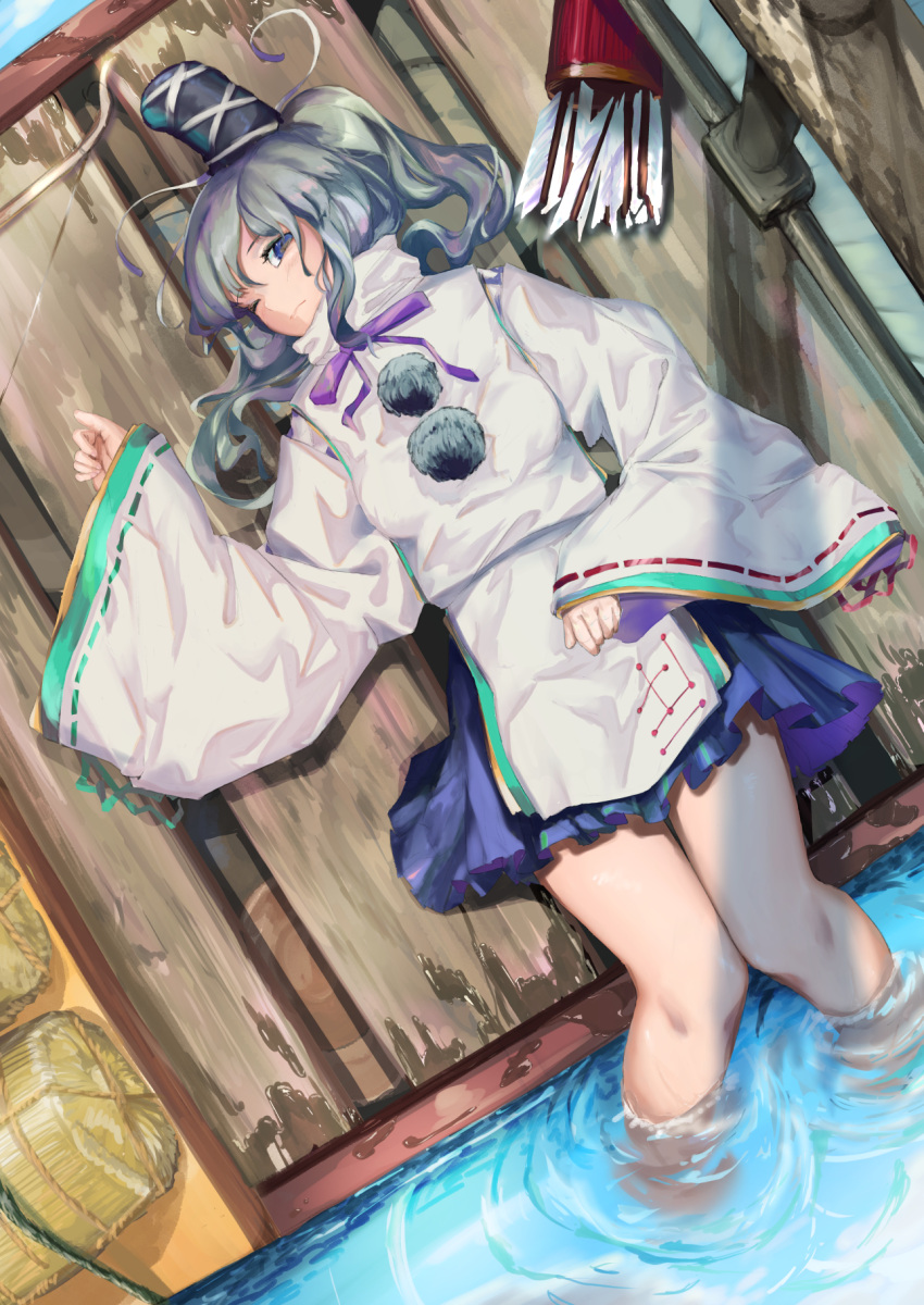 1girl, arrow, bare_legs, blue_eyes, blue_skirt, bow_(weapon), grey_hair, hat