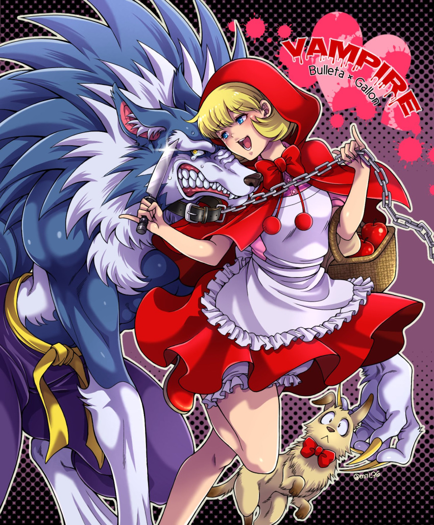 1boy, 1girl, apple, basket, blonde_hair, blue_eyes, bulleta, collar